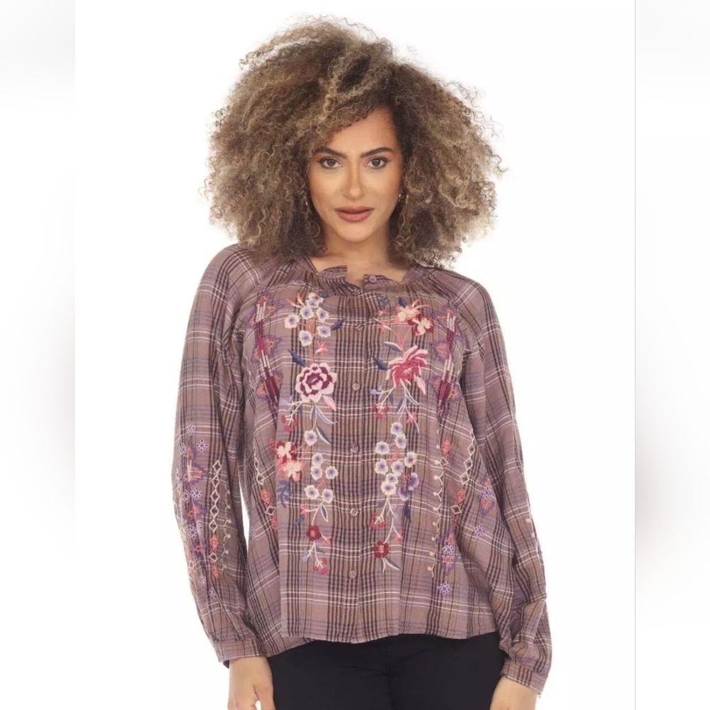Johnny Was Workshop Plaid Curacao Embroidered Raglan Blouse Size Small